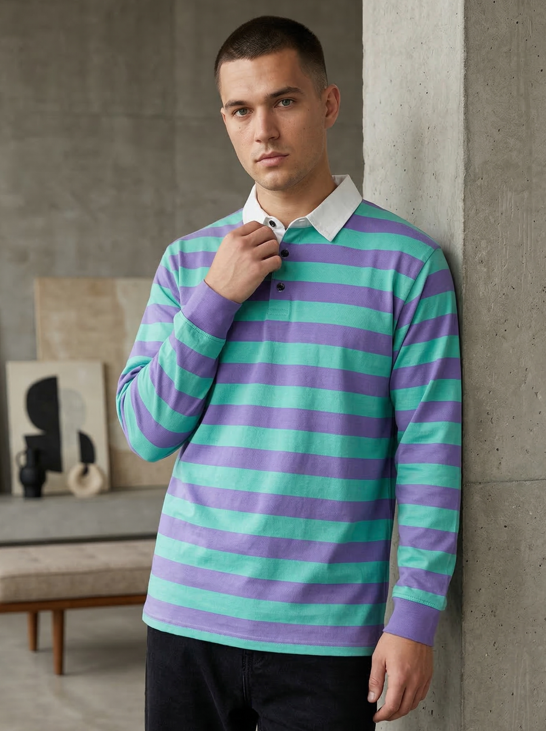 Petrol Green Purple Striped Full Sleeve T-Shirt