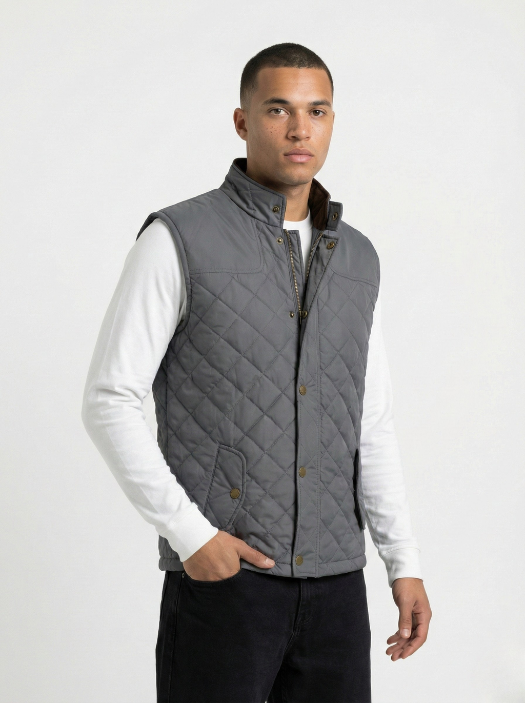 Grey Side Pocket Sleeveless Quilted Jacket